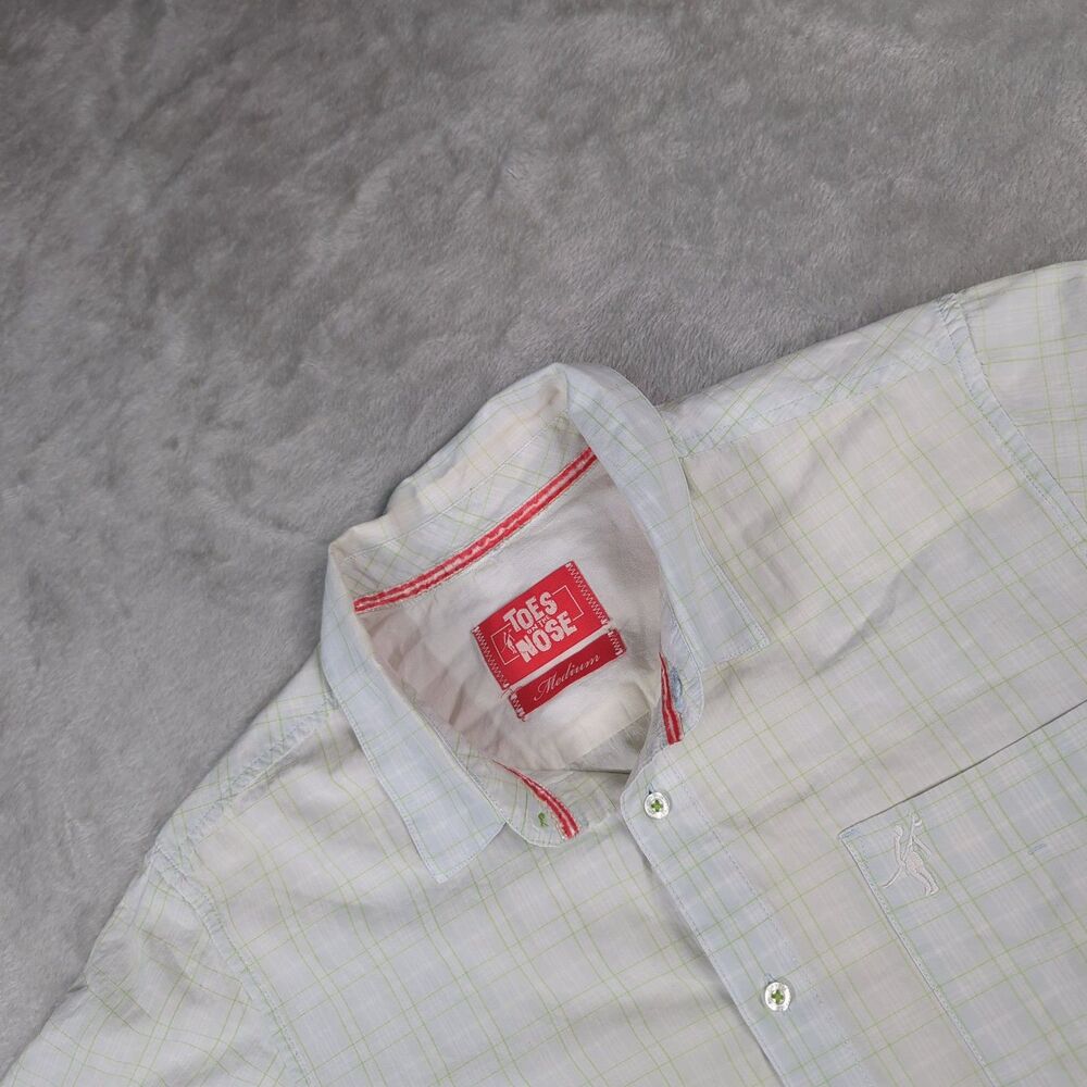 Toes On The Nose Mens Medium Plaid Button Up Shirt White Green Surf Short Sleeve